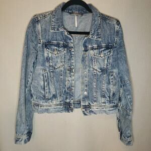 FREE PEOPLE Rumors Acid Wash Cropped Denim Blue Jean Jacket Women XS